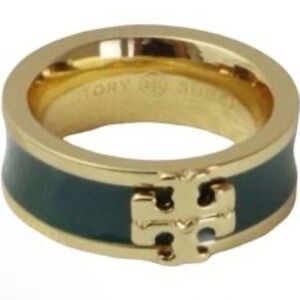 Tory Burch Kira Enamel Ring Green Enamel gold-plated bevelled Double T Logo 6.5